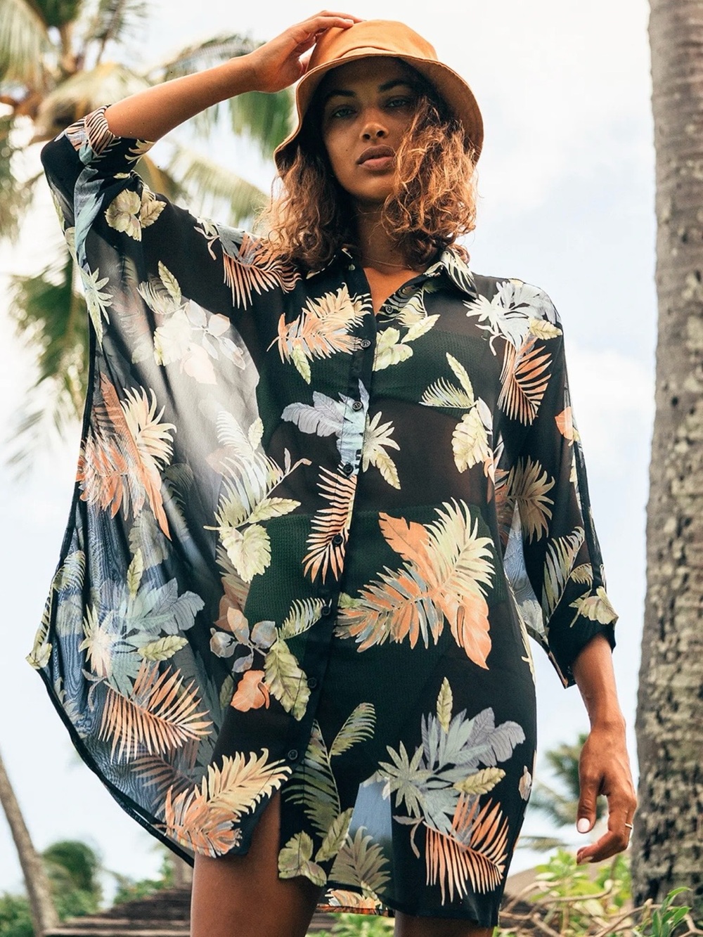 Lulus In the Tropics Sheer Black Tropical Print Shirt Dress - Size L